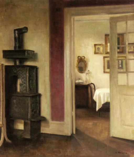 An Interior With A Stove And A View Into A Dining Room by Carl Holsoe