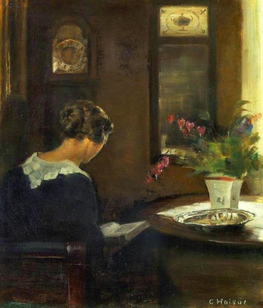 Interior With Artist's Wife Reading At A Table by Carl Holsoe