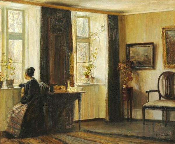 Carl Holsoe Interior With The Artist's Wife At The Window