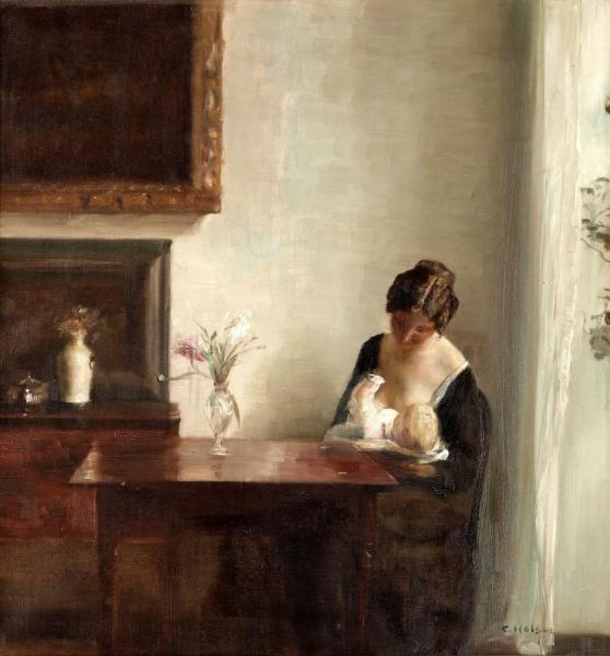 Interior With Woman And Child by Carl Holsoe