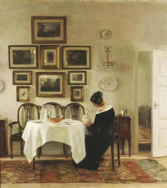 Mother And Child In A Dining Room Interior by Carl Holsoe Oil Painting Reproductions