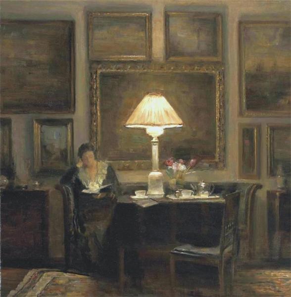 Carl Holsoe Woman Reading By Lamplight