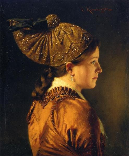 A Portrait Of A Girl Wearing A Golden Hood by Carl Kronberger