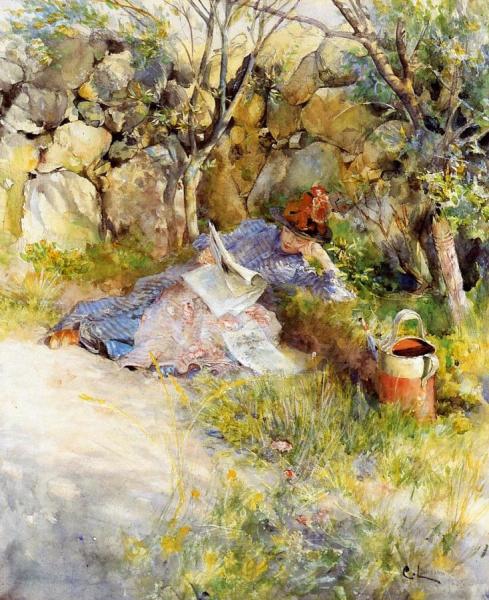 A Lady Reading A Newspaper by Carl Larsson