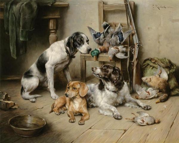 Carl Reichert An English Pointer, A Dachshund And An English Springer Spaniel After The Hunt
