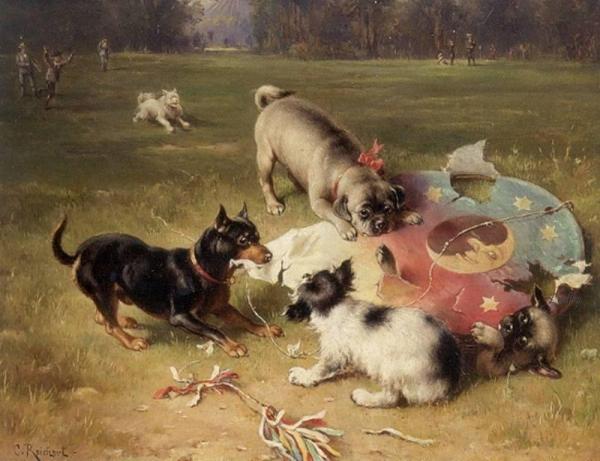 Fighting With The Kite - Manchester Terrier, Pug And King Charles Spaniel by Carl Reichert Oil Painting Reproductions
