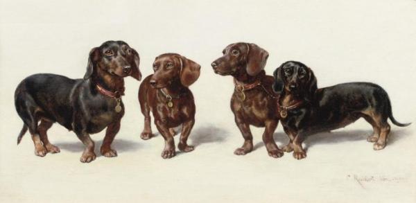 Four Dachshunds by Carl Reichert Oil Painting Reproductions