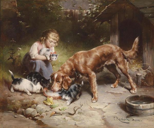 Girl With Dog And Cats by Carl Reichert