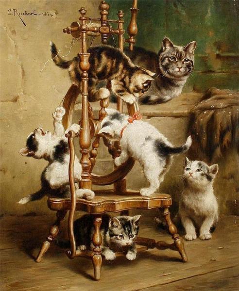 Kittens Playing On A Spinning Wheel by Carl Reichert