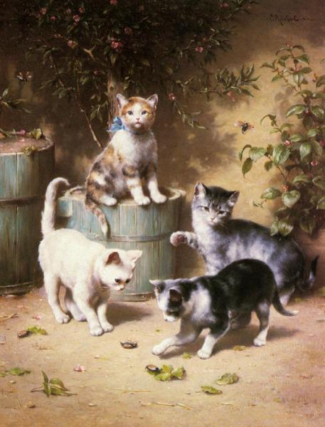 Kittens Playing With Beetles by Carl Reichert Oil Painting Reproductions