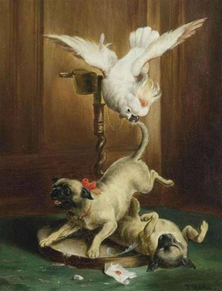 Parrot And Pugs by Carl Reichert
