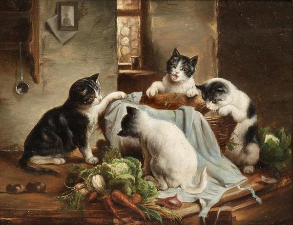 Playful Kittens by Carl Reichert Oil Painting Reproductions