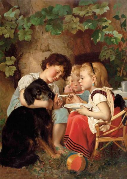 Three Children Feeding Dog by Carl Reichert Oil Painting Reproductions