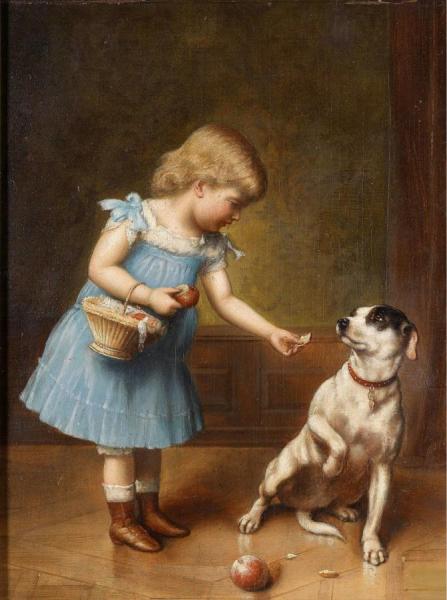 Carl Reichert Young Girl Feeding A Dog