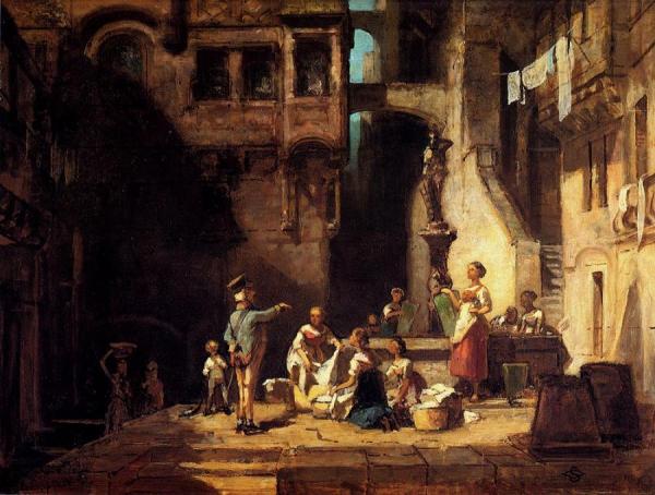 Washerwomen At The Well by Carl Spitzweg Oil Painting Reproductions