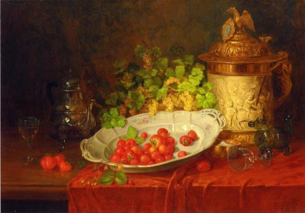 Strawberries, Grapes And An Ornamental Jug On A Draped Table by Carl Thoma-hofele