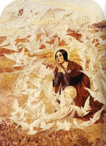 Virgin With Doves by Carlos Schwabe Oil Painting Reproductions