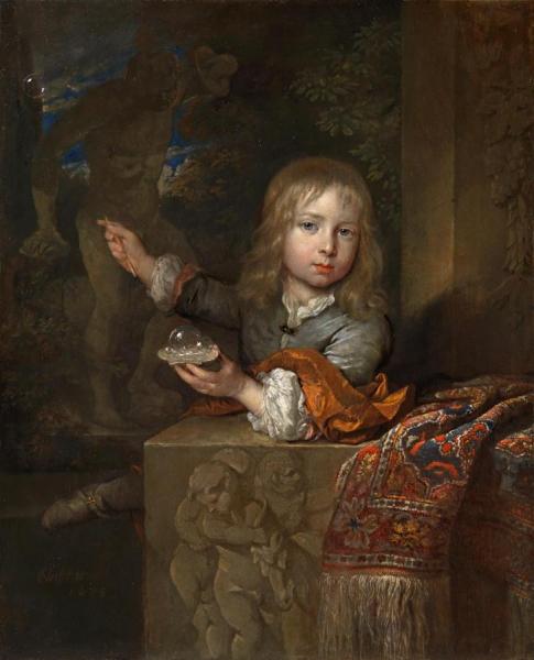 A Boy Blowing Soap Bubbles by Caspar Netscher Oil Painting Reproductions