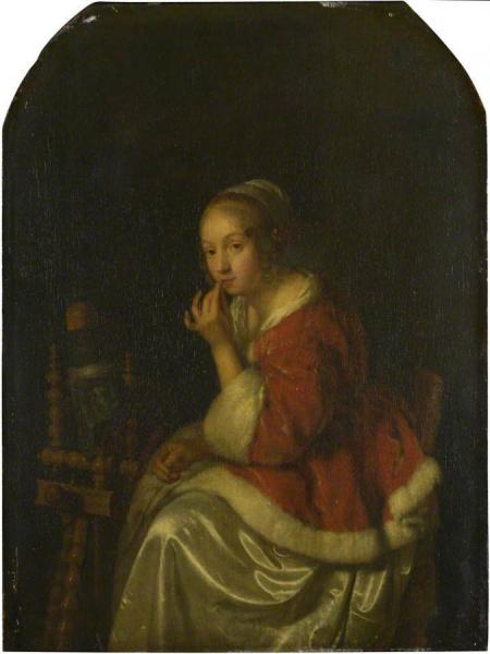 A Lady At A Spinning-wheel by Caspar Netscher