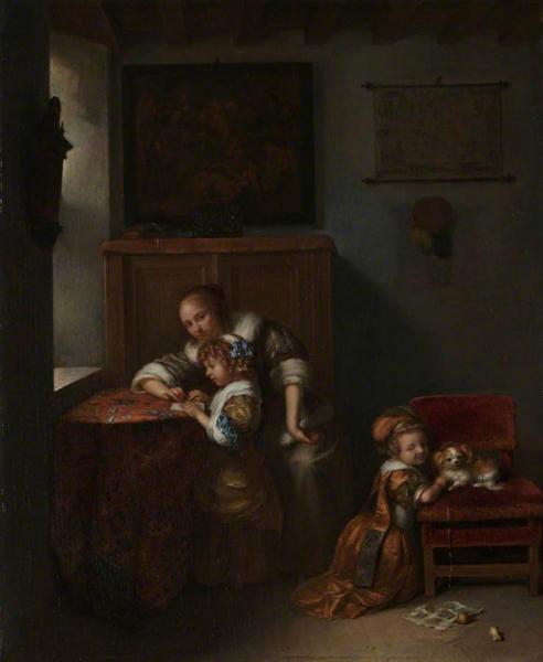 A Lady Teaching A Child To Read, And A Child Playing With A Dog by Caspar Netscher