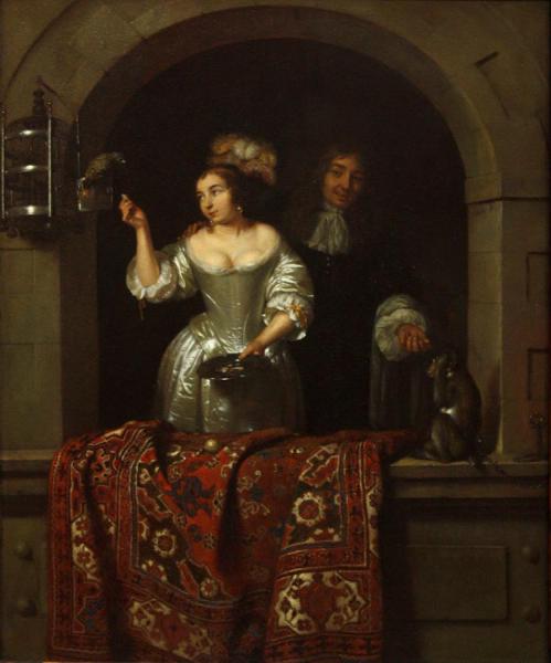 A Lady With A Parrot And A Gentleman With A Monkey by Caspar Netscher