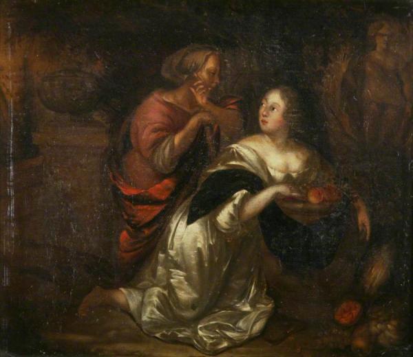 Lady With Fruit And Attendant by Caspar Netscher