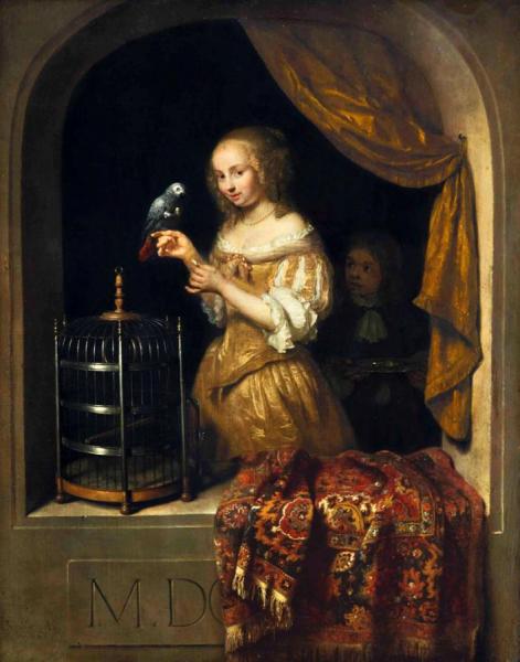 Woman Feeding A Parrot by Caspar Netscher