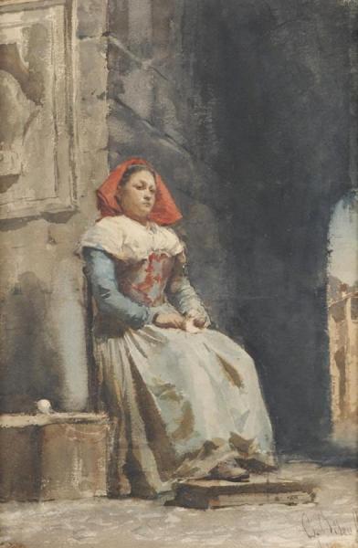 Young Italian Woman Knitting In A Courtyard by Cesare Biseo Oil Painting Reproductions