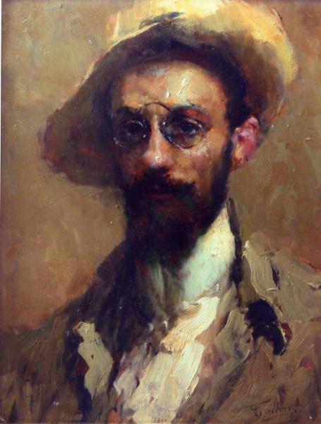 Portrait Of A Man With Hat And Glasses by Cesare Tallone