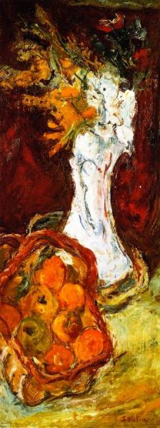 Still Life With Bouquet And Basket Of Fruit by Chaim Soutine