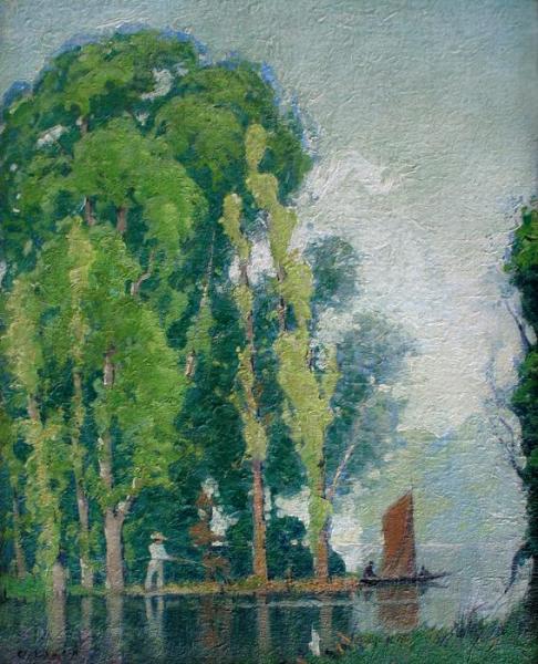 Fishing Scene With Sailboat by Charles Augustus Lasar