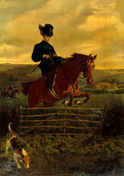 An Elegantly Dressed Horsewoman Jumping Over A Gate In A Fen by Charles Burton Barber