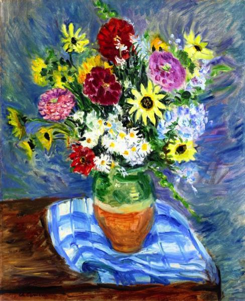 Bouquet Of Flowers On A Checkered Tablecloth by Charles Camoin