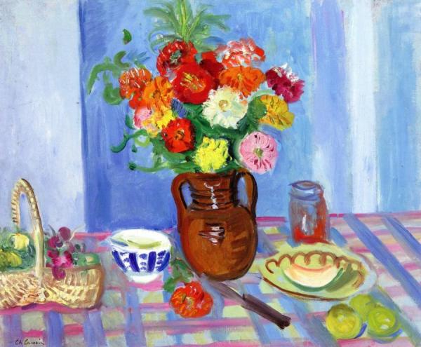 Breakfast With A Bouquet Of Flowers And Basket Of Grapes by Charles Camoin