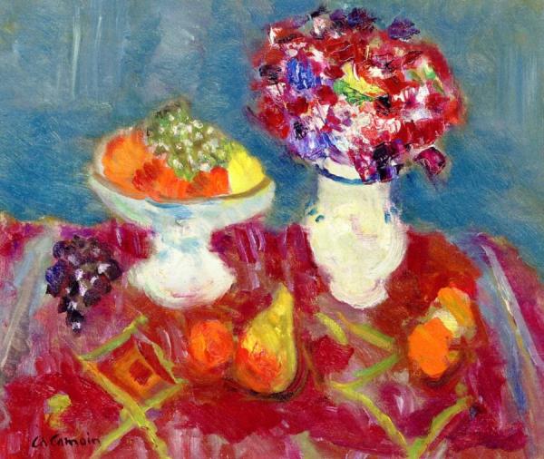 Compote With Fruit, White Grapes And Bouquet Of Flowers On A Red Carpet by Charles Camoin