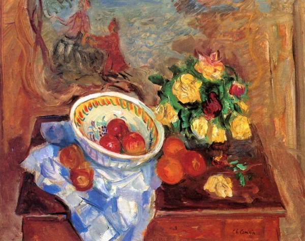 Fruit Bowl, Bouquet And Blue Screen by Charles Camoin