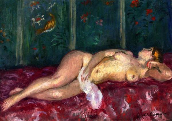 Nude Lying By A Flowered Screen by Charles Camoin