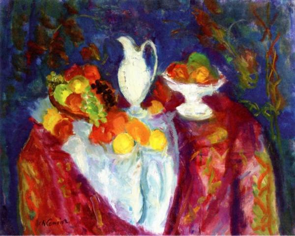 Still Life With White Pitcher And Bowl Of Fruit On A Blue Background by Charles Camoin