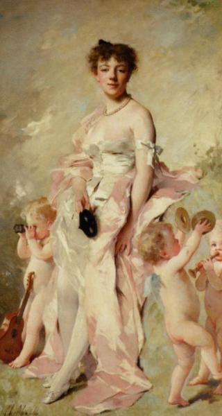 Young Woman In A Ball Gown With Putti by Charles Chaplin