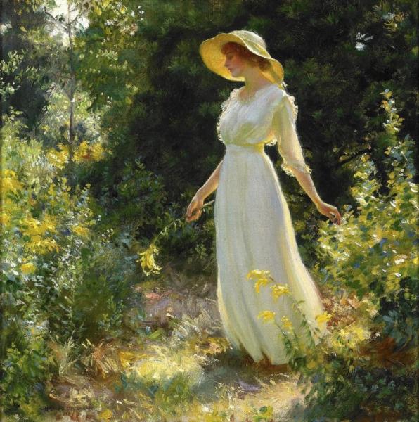 Charles Courtney Curran Woman In A White Dress In A Garden