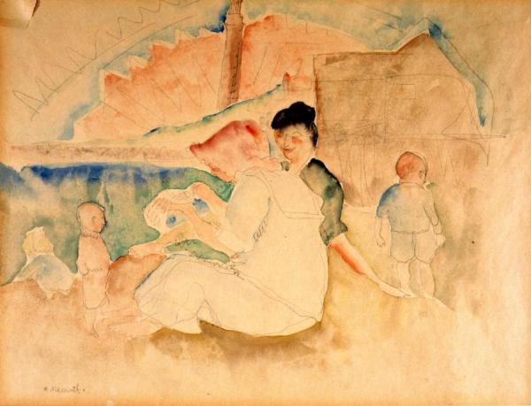 Two Women And Three Children On The Beach by Charles Demuth