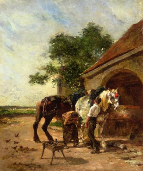 Attending To The Horses by Charles-Émile Jacque