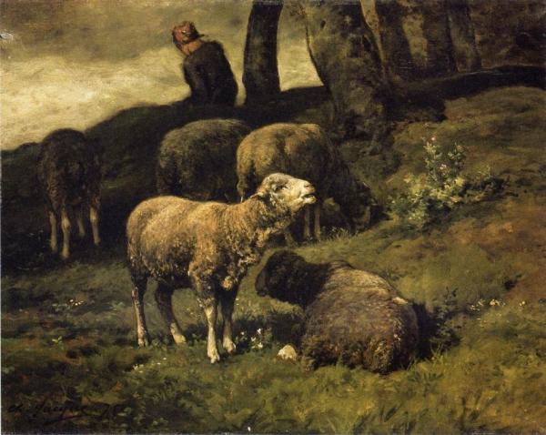 Grazing Sheep With A Sheperdhess Beyond by Charles-Émile Jacque