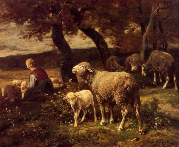 Shepherdess And Sheep by Charles-Émile Jacque