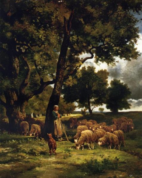 The Shepherdess And Her Flock by Charles-Émile Jacque