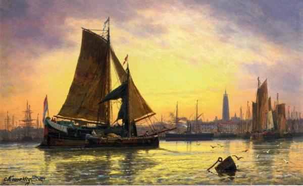 Barges Docking At A Harbour, Antwerp by Charles Euphraisie Kuwasseg