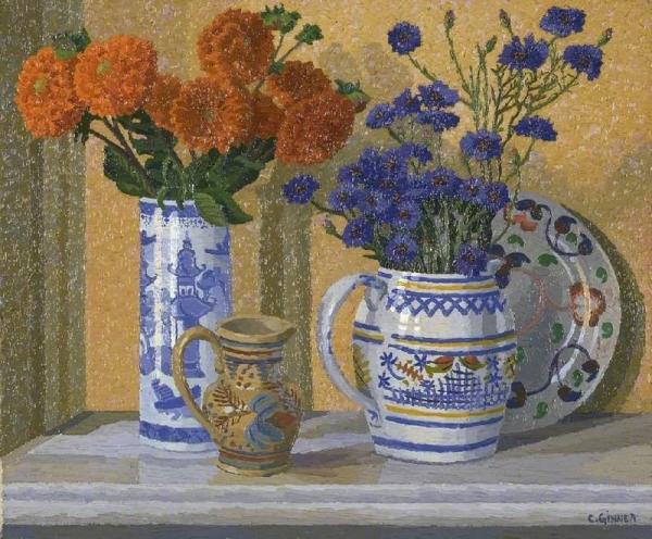 Dahlias And Cornflowers by Charles Ginner