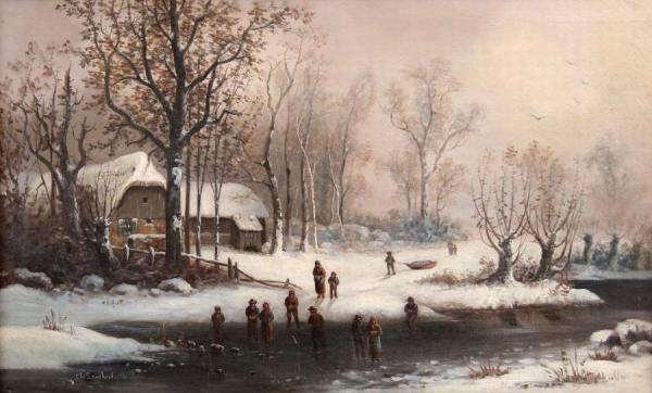 A Frozen Canal With A Peasants by Charles Henri Joseph Leickert