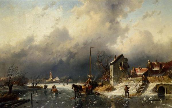 A Frozen River Landscape With A Horsedrawn Sleigh by Charles Henri Joseph Leickert