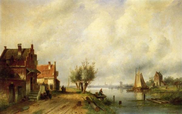 A River Landscape In Summer With Peasants Conversing By Old Houses Along A Road, Moored Shipping Across, A Town In The Distance by Charles Henri Joseph Leickert